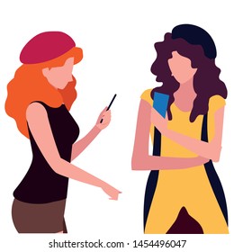 two women using smartphone talking