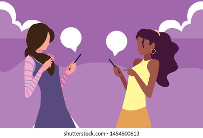 two women using smartphone talking