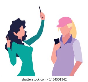 two women using smartphone talking