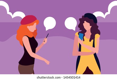 two women using smartphone talking