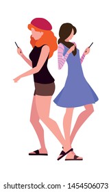 two women using smartphone talking