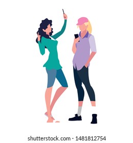 two women using smartphone talking