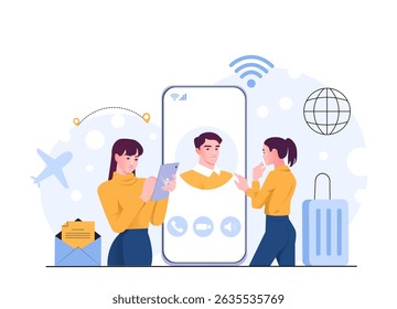 Duas mulheres usando tablet e smartphone para chamada de vídeo com um homem em uma tela, estilo plano, fundo abstrato com ícones de viagem. Conceito de comunicação remota. Ilustração vetorial