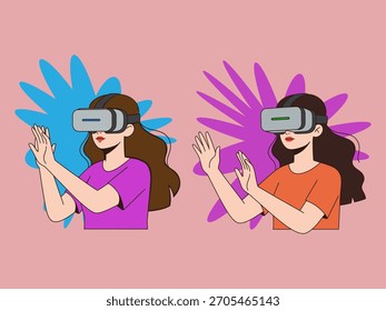Dos mujeres que utilizan los auriculares de VR que interactúan con el ambiente virtual – ilustración moderna de la Tecnología