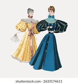 Two women in Victorian dresses, one in yellow, one in blue. Victorian fashion with puffed sleeves, lace, and high collars. Elegant Victorian style, vintage fashion. Vintage character vector.