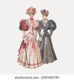 Two women in Victorian dresses, showcasing Victorian fashion. Victorian attire includes elaborate hats, puffed sleeves, and detailed patterns. Victorian elegance. Vintage woman illustration vector.