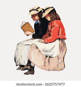 Two women in vintage attire, sitting and reading a book together. They wear hats and long skirts, reflecting a classic, historical style. Vintage character art illustration vector.