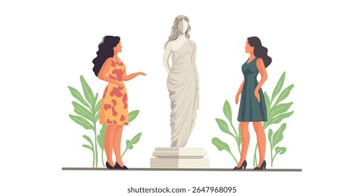duas mulheres visitando o museu e admirando a ilustração do vetor da escultura