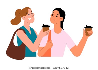 Two women walk and talk drinking coffee-to-go, girlfriends spend time together, Asian and Caucasian female characters chat on a walk, flat vector illustration isolated on white background