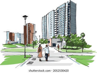 Two women walking along the boulevard in a living suburban district with high apartment buildings and old style laterns