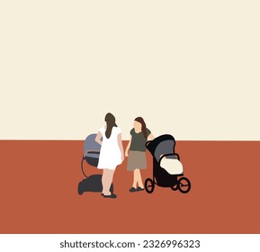 Dos mujeres caminando con un coche de bebé en la calle de la ciudad. Un paseo tranquilo. Ocio en primavera. Concepto de maternidad