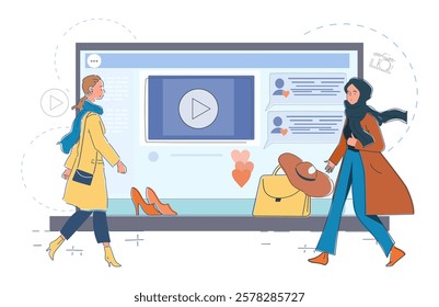 Two women walking past a large screen displaying online shopping content with products like shoes and bags, set against a white background. Modern flat vector illustration