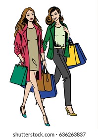 Two women walking with shopping bags isolated on white. Fashion illustration