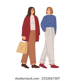 Duas mulheres andando ou fazendo compras. Vetorize as pessoas a passear ou a conversar, faça desenhos animados de amigos com bolsas na loja ou loja. Recreação ao ar livre ou moda urbana, lazer e relaxamento da mulher, tema social