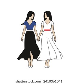 Two women walking together, one in black skirt and blue blouse, other in white dress. Friendship and diversity concept. Elegance and simplicity vector illustration.