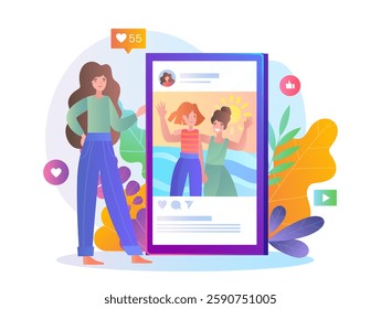 Two women waving in a social media post, flat graphic style, on a colorful background. Concept of online interaction. Vector illustration