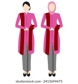 two women wear long kebaya with red shawl