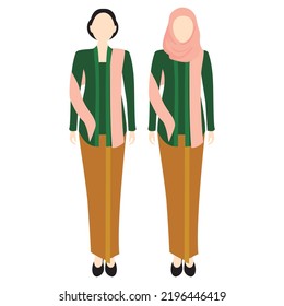 Two women are wearing green kebaya, pink shawl, and brown skirt. Kebaya is a traditional Indonesian women's clothing