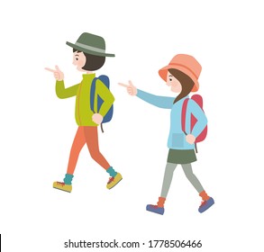 Two women wearing outdoor clothes and carrying a backpack and walking happily.　Vector illustration.