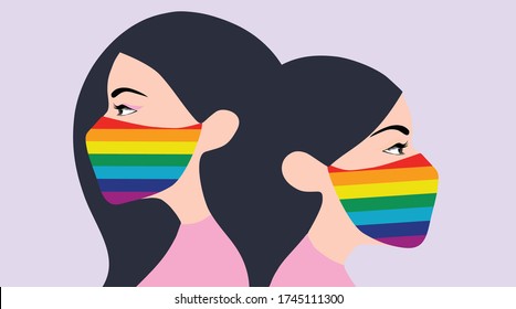 Dos mujeres con mascarilla de cara arco iris para proteger la ilustración del vector del brote de coronavirus covid-19. Antecedentes del concepto de símbolo transgénero LGBT