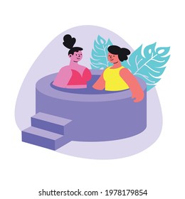 Two women wearing swimsuits in spa salon bath flat composition vector illustration