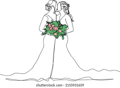 Two Women In Wedding Dresses Are Getting Married, Holding A Bouquet Of Flowers. One Line Art. Pink Flowers With Green Leaves In A Bouquet.