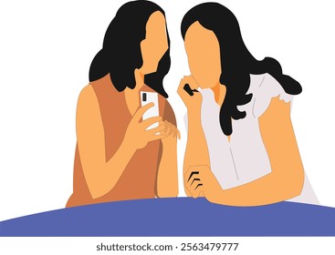 two women were chatting while showing cell phone screens