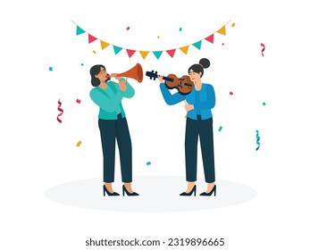 two women were playing the trumpet and violin instruments at the festival held, they were very enthusiastic to entertain the visitors
flat design, vector illustration