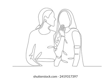 Two women are whispering. Gossip one-line drawning