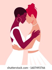 Zwei Frauen in weißen Kleider umarmen einander. LGBT Hochzeit. Ein Paar lesbische Liebhaber. Vektorillustration