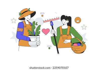 Dos mujeres con ropa de trabajo se dedican a la jardinería. Plantas, desmalezas y cosechas. Discutir el tema de la jardinería y el cultivo de flores. Ilustración vectorial.