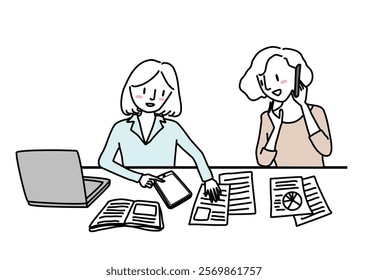 Two women working. Businesswoman working with her coworker. Smiling woman presenting her ideas from tablet while her colleague using phone.  Two office ladies working at office. Women working together