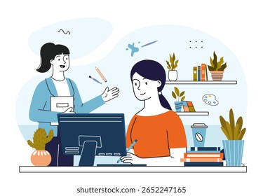 Two women working in a creative office environment, one using a desktop computer, the other talking, surrounded by office supplies and plants. Vector illustration