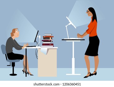 Two women working at the office on the computers, one of them using a standing desk, PS 8 vector illustration