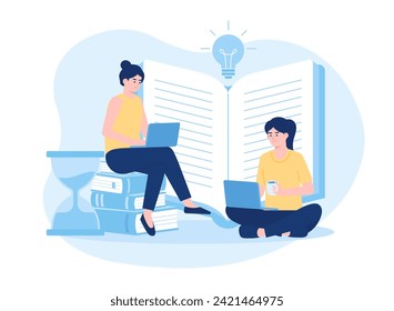 two women working on a laptop trending concept flat illustration