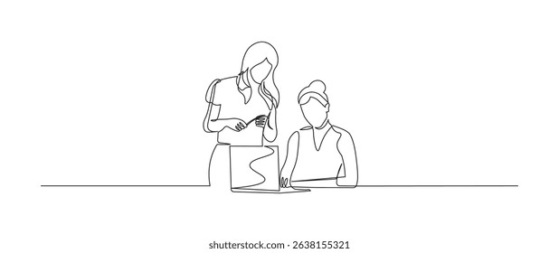 Two women working on laptop in continuous line art style. Sketch of two woman working in minimalist black line isolated on white background. Vector illustration