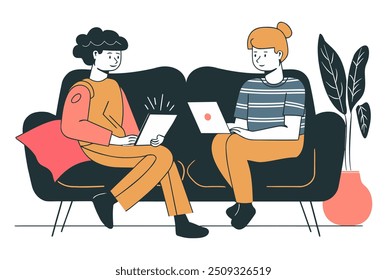 Dos mujeres que trabajan en ordenadores portátiles mientras están sentados en un sofá, Ilustración vectorial plana