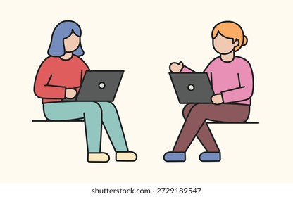 Zwei Frauen, die zusammen an Laptops arbeiten, im minimalistischen flachen Kunststil