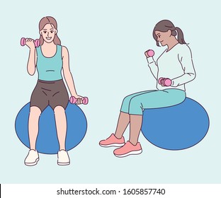 Two women are working out sitting on the gym, holding dumbbells in hand. hand drawn style vector design illustrations. 