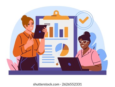 Two women working together using digital devices and charts, flat graphic style, with abstract background, concept of collaboration and data analysis. Vector illustration