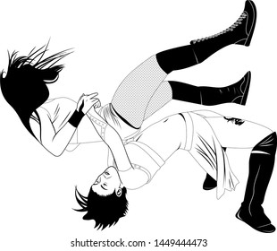 Two Women Wrestling Slamming Vector Illustration