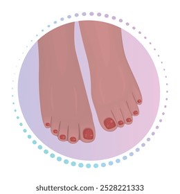 Dos pies de las mujeres con pedicura, esmalte de uñas rojo, signo de gradiente de Vector, ilustración colorida redonda