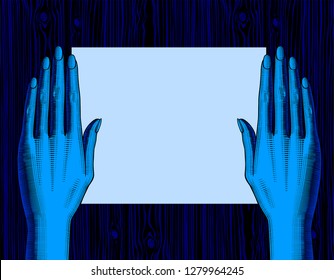 Two women's hands palm down on the sides of the monitor screen in blue light. Vintage engraving stylized drawing. Vector illustration
