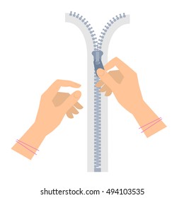 Two women's hands are unzipping a zipper. Template flat illustration of human female hand holding a fastener on the zip. Vector isolated on white background design elements for infographic, web, print