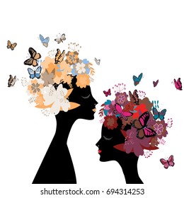 Two women's heads silhouettes facing each other with flowers and butterflies instead of hair. Vector illustration on white background
