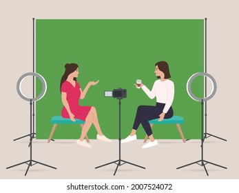 Two Womens Live Streaming Show In Home Studio With Professional Equipments Green Screen Dslr Camera Ring Light