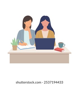 Duas mulheres trabalhando juntas em uma mesa compartilhada, revisando documentos e dados em uma ilustração vetorial de tela de computador