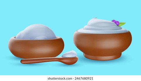 Dos platos de madera y cuchara con salsa blanca, crema agria, mayonesa o yogur en estilo de dibujos animados 3d. Lindo elemento de renderizado realista. Juguete de niño suave. Ilustración vectorial brillante.