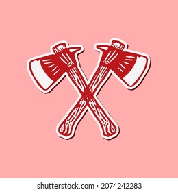 Two wooden axes in the shape of the letter "X" are isolated on a color background. Carpenter tools illustration. Vector Illustration. Suitable for web landing pages, icons, stickers and poster 