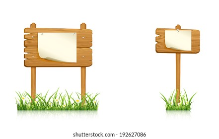 Two wooden banners in grass with paper isolated on white background, illustration.